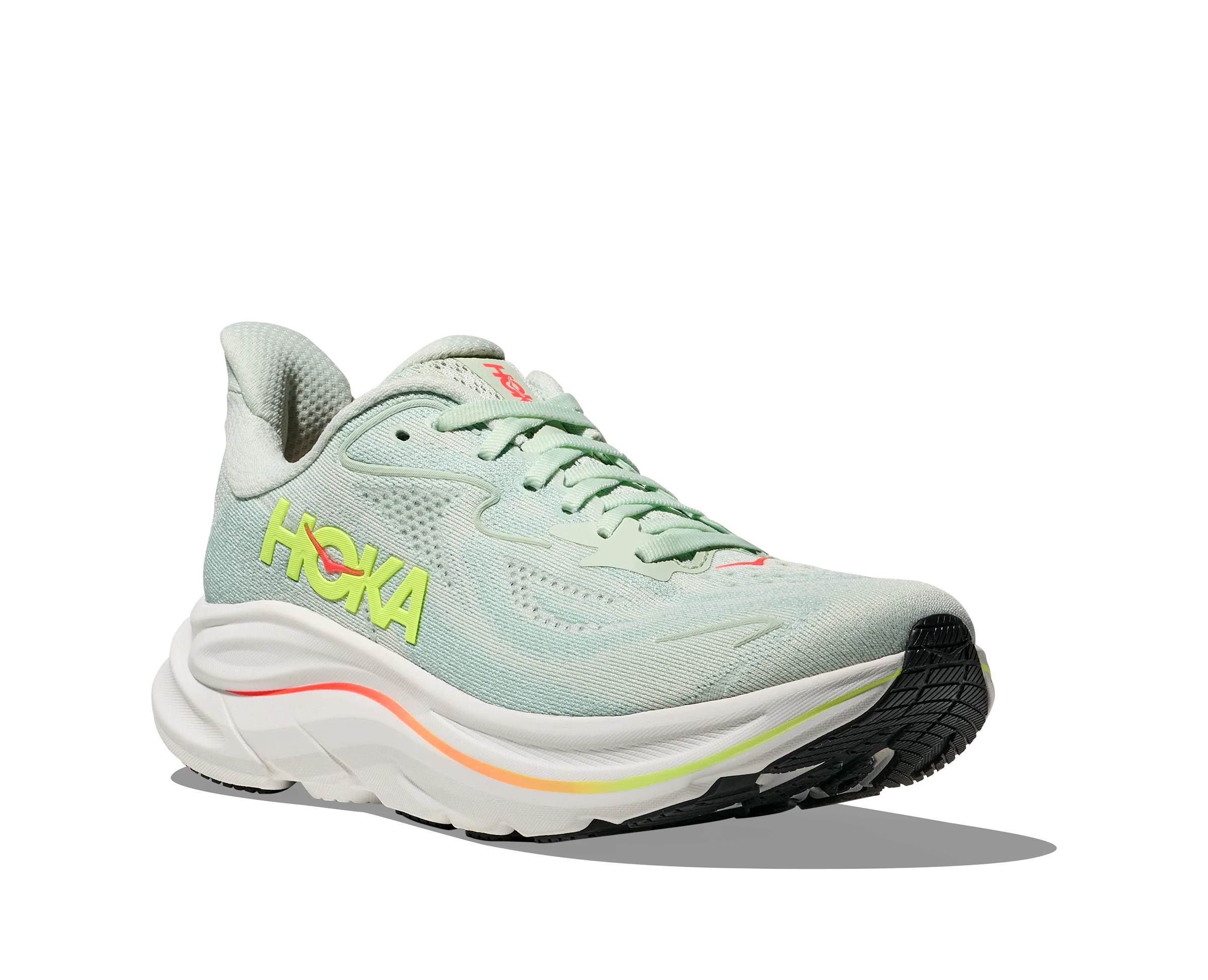Hoka Clifton 10 Womens Shoes Color: Sea Glass/Neon Flame Style: 1162031-SLSSN - Image 3