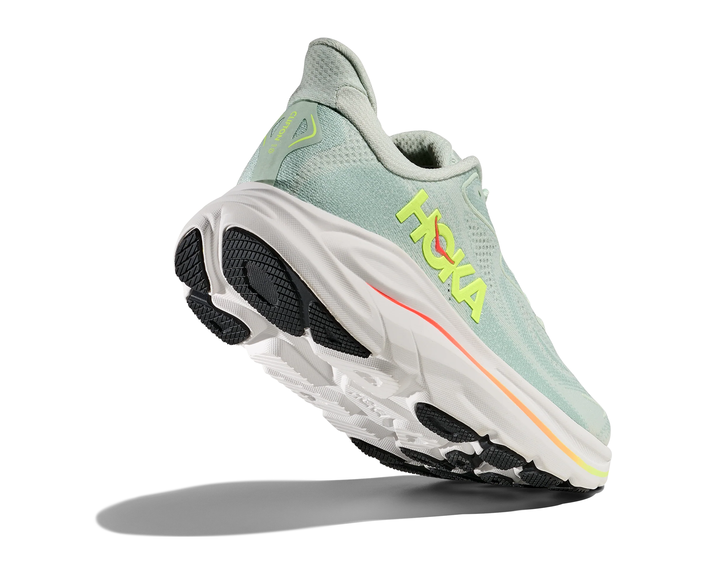 Hoka Clifton 10 Womens Shoes Color: Sea Glass/Neon Flame Style: 1162031-SLSSN - Image 9
